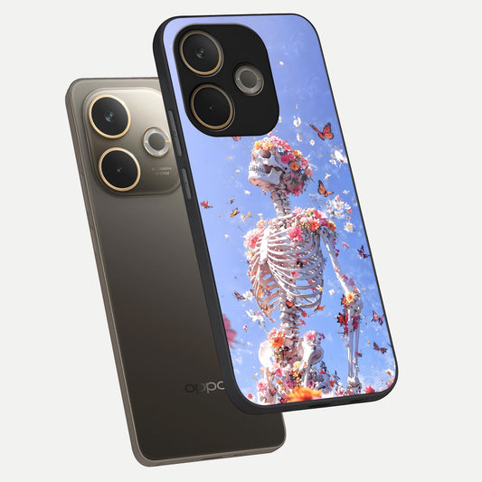 Bloom Beyond Bones phone case For Oppo A5 Pro showing premium glass back cover with detailed artwork