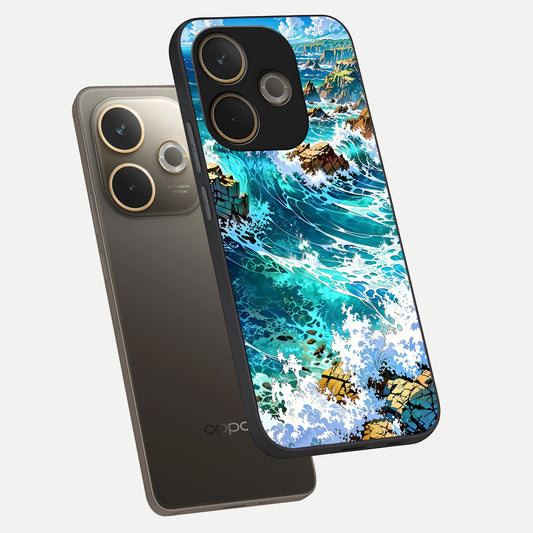 Coastal Blue Waves phone case For Oppo A5 Pro showing premium glass back cover with detailed artwork