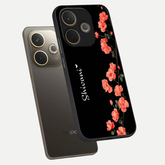 Crimson Bloom Grace Custom Name phone case For Oppo A5 Pro showing premium glass back cover with detailed artwork