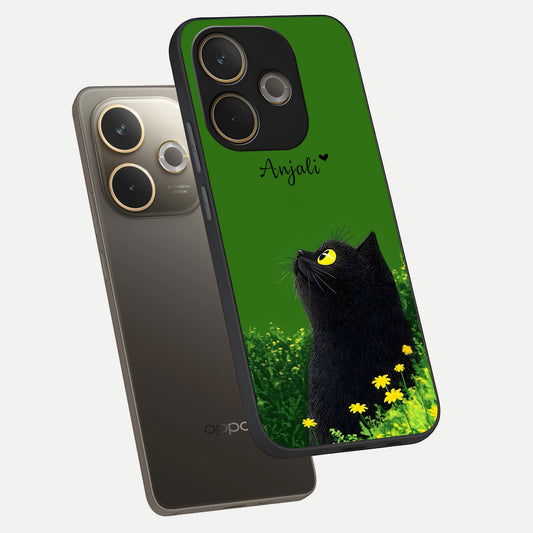 Emerald Cat Custom Name phone case For Oppo A5 Pro showing premium glass back cover with detailed artwork