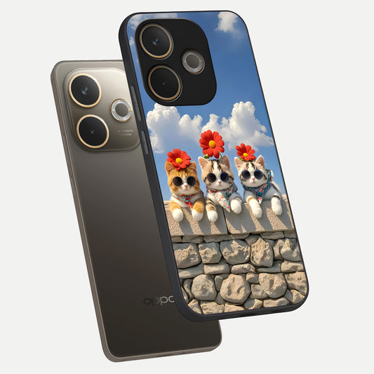 Floral Kitty Squad phone case For Oppo A5 Pro showing premium glass back cover with detailed artwork