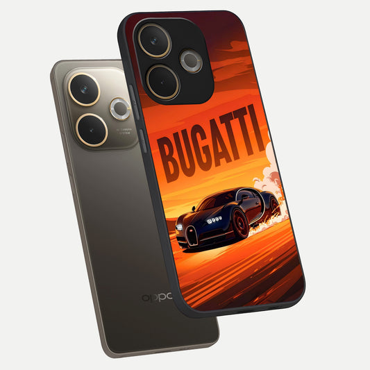 Inferno Bugatti Storm phone case For Oppo A5 Pro showing premium glass back cover with detailed artwork