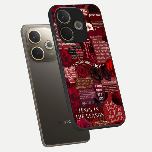 Jesus Love Heals phone case For Oppo A5 Pro showing premium glass back cover with detailed artwork