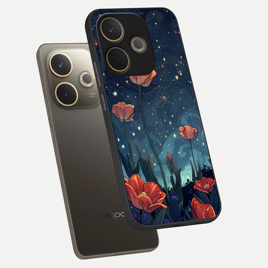 Midnight Tulip Glow phone case For Oppo A5 Pro showing premium glass back cover with detailed artwork