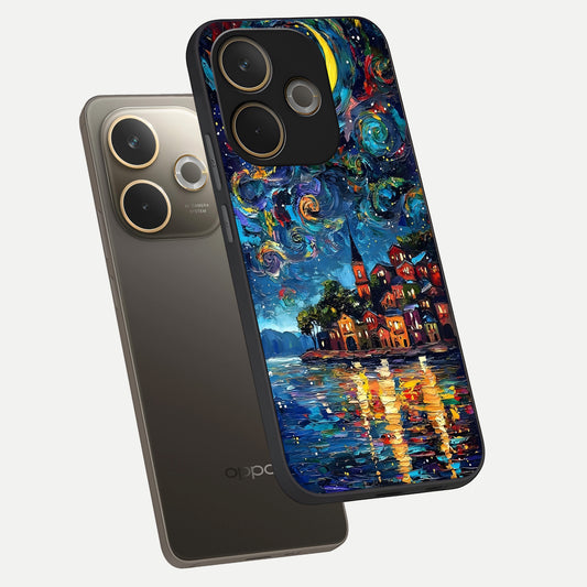 Moonlight Harbor Glow phone case For Oppo A5 Pro showing premium glass back cover with detailed artwork