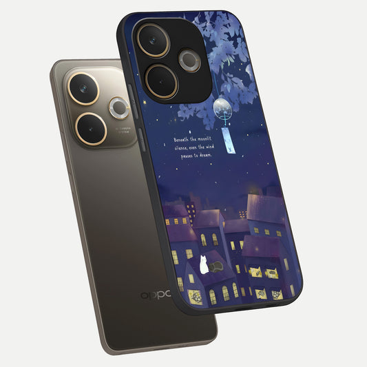 Moonlit Cat Silence phone case For Oppo A5 Pro showing premium glass back cover with detailed artwork