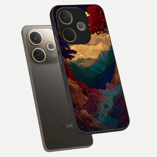 Mystic Valley Light phone case For Oppo A5 Pro showing premium glass back cover with detailed artwork