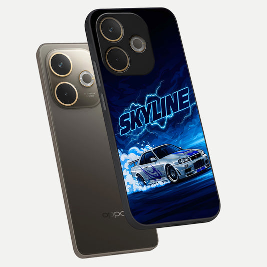 Neon Drift Beast phone case For Oppo A5 Pro showing premium glass back cover with detailed artwork