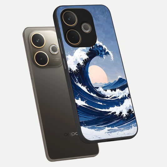 Rising Tide Power phone case For Oppo A5 Pro showing premium glass back cover with detailed artwork