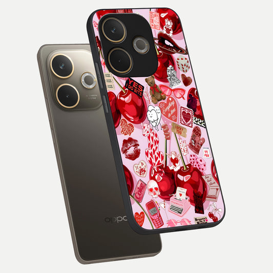 Sweet Cherry Chaos phone case For Oppo A5 Pro showing premium glass back cover with detailed artwork