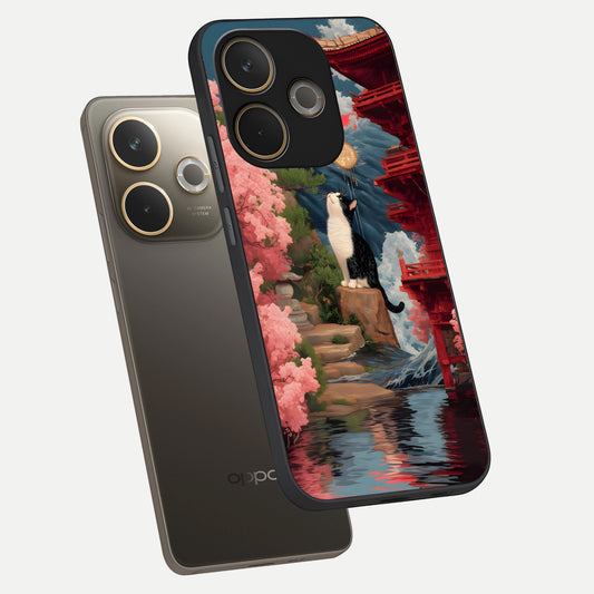 Temple Cat Scenery phone case For Oppo A5 Pro showing premium glass back cover with detailed artwork