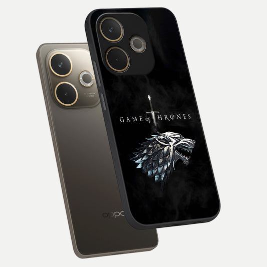 Throne Wolf Legacy phone case For Oppo A5 Pro showing premium glass back cover with detailed artwork