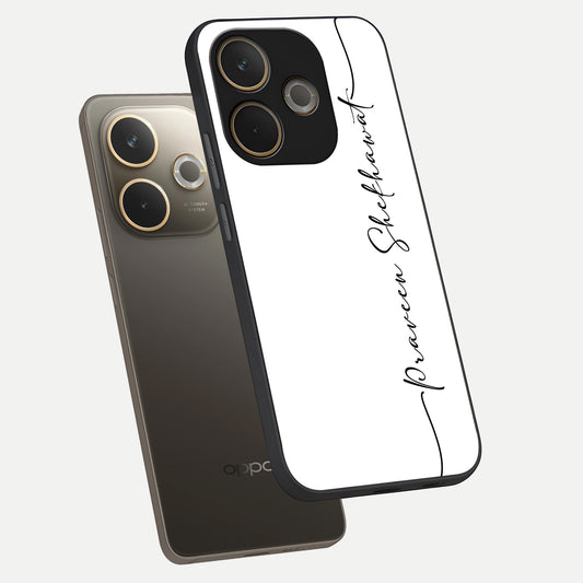 White Tune Custom Name phone case For Oppo A5 Pro showing premium custom name glass back cover