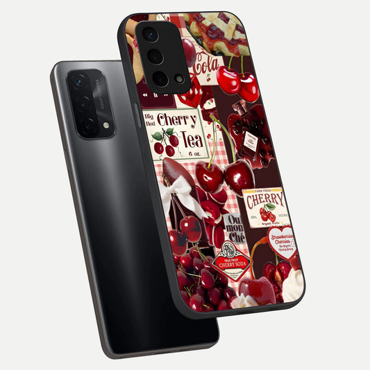 Aesthetic Cherry Tea phone case For Oppo A74 5G showing premium glass back cover with detailed artwork