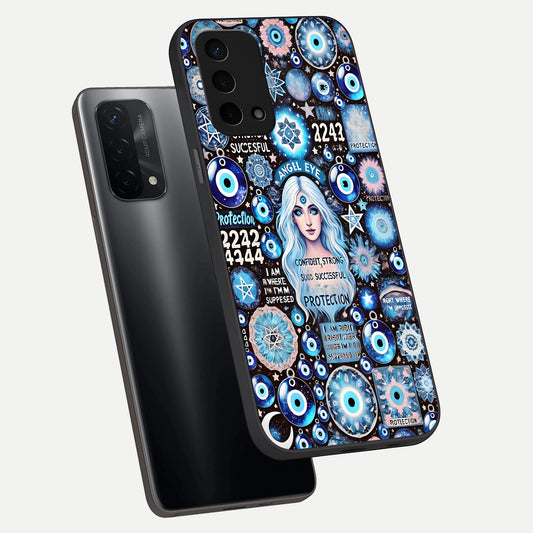 Angel Aura Shield phone case For Oppo A74 5G showing premium glass back cover with detailed artwork
