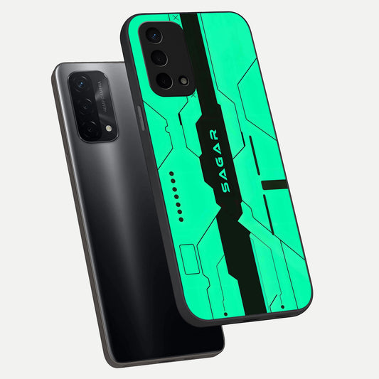 Aqua Tech CYBERPUNK Custom Name phone case For Oppo A74 5G showing premium glass back cover with detailed artwork