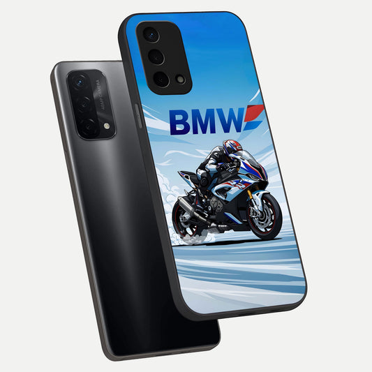 BMW Power Drift phone case For Oppo A74 5G showing premium glass back cover with detailed artwork