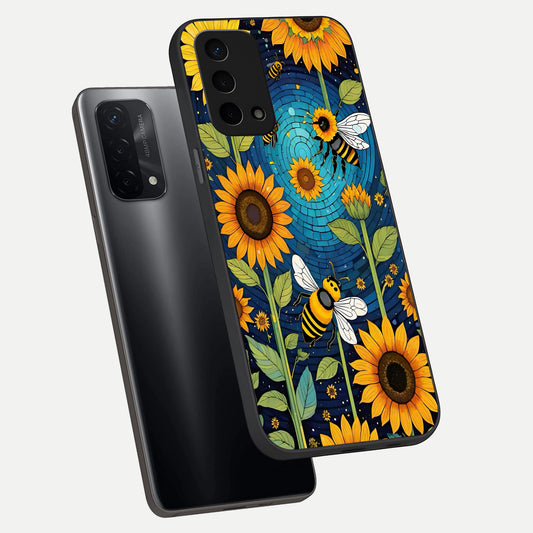Bees And Sunflowers phone case For Oppo A74 5G showing premium glass back cover with detailed artwork