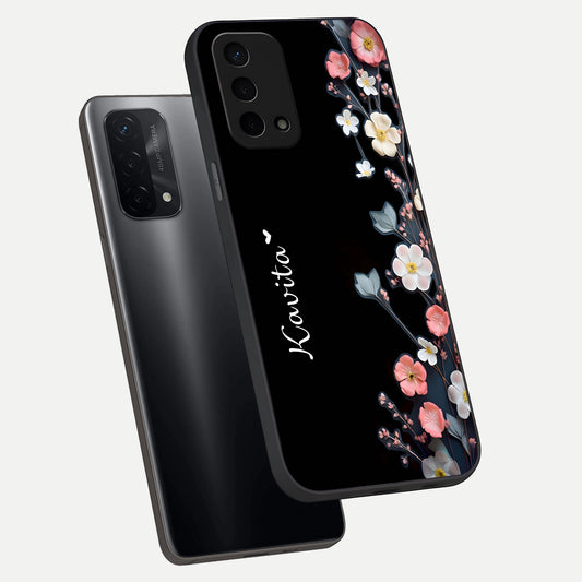 Black Elegance Floral Custom Name phone case For Oppo A74 5G showing premium glass back cover with detailed artwork