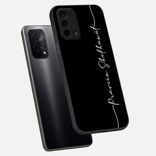 Black Tune Custom Name phone case For Oppo A74 5G showing premium glass back cover with detailed artwork