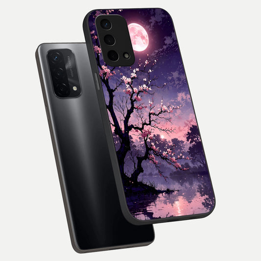 Blossom Pink Moon phone case For Oppo A74 5G showing premium glass back cover with detailed artwork