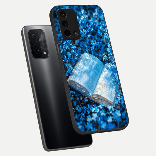 Blue Bloom Tales phone case For Oppo A74 5G showing premium glass back cover with detailed artwork