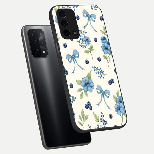 Blue Flower And Bow phone case For Oppo A74 5G showing premium glass back cover with detailed artwork