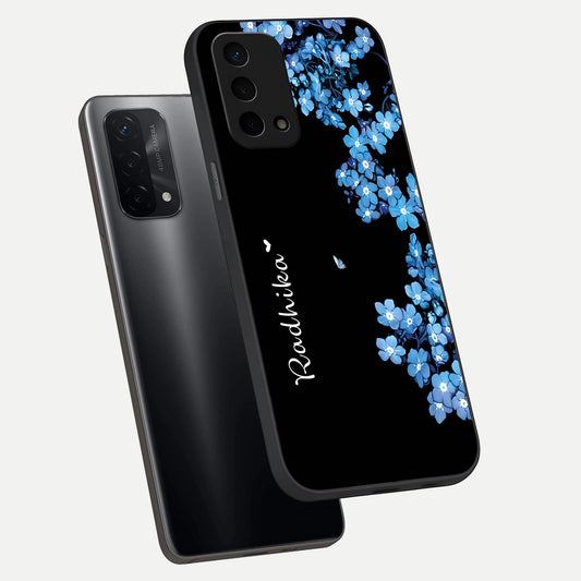 Blue Petal Dream Custom Name phone case For Oppo A74 5G showing premium glass back cover with detailed artwork