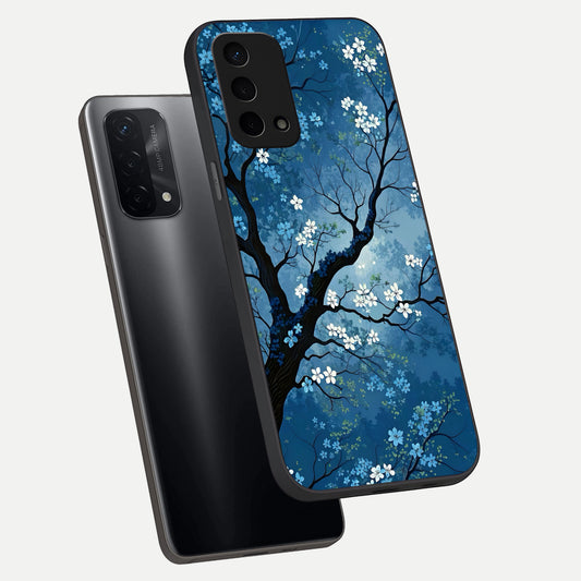 Blue Tree Serenity phone case For Oppo A74 5G showing premium glass back cover with detailed artwork
