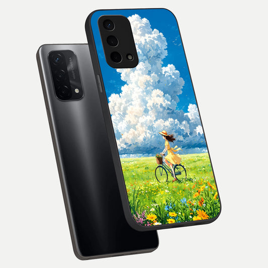 Breezy Meadow Ride phone case For Oppo A74 5G showing premium glass back cover with detailed artwork