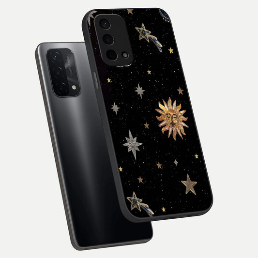 Celestial Moon With Stars phone case For Oppo A74 5G showing premium glass back cover with detailed artwork