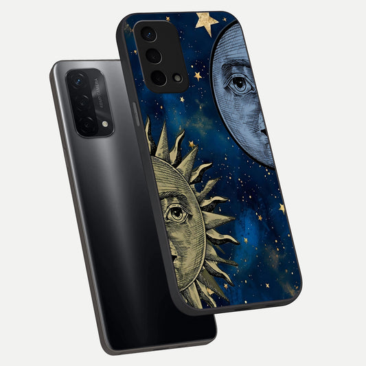 Celestial Moon With Sun phone case For Oppo A74 5G showing premium glass back cover with detailed artwork