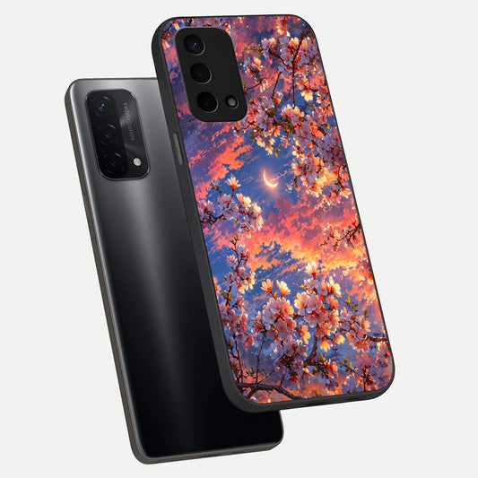 Celestial Sakura Sunset phone case For Oppo A74 5G showing premium glass back cover with detailed artwork