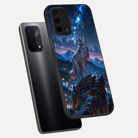 Celestial Wolf Howl phone case For Oppo A74 5G showing premium glass back cover with detailed artwork