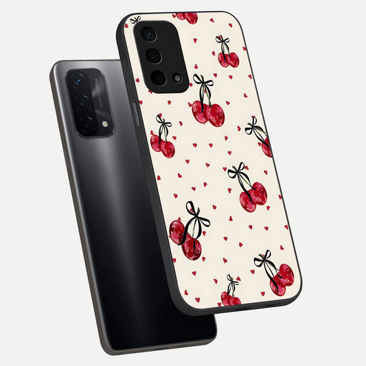 Cherry Heart Bow phone case For Oppo A74 5G showing premium glass back cover with detailed artwork