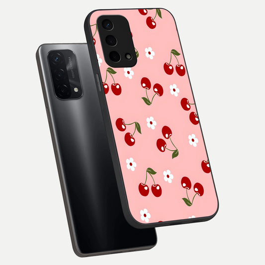 Cherry Love Mood phone case For Oppo A74 5G showing premium glass back cover with detailed artwork