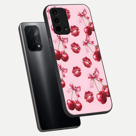 Cherry With Lips phone case For Oppo A74 5G showing premium glass back cover with detailed artwork