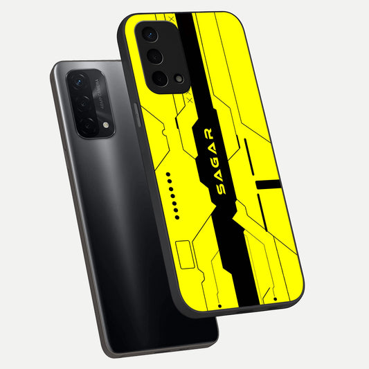 Circuit CYBERPUNK Custom Name phone case For Oppo A74 5G showing premium glass back cover with detailed artwork