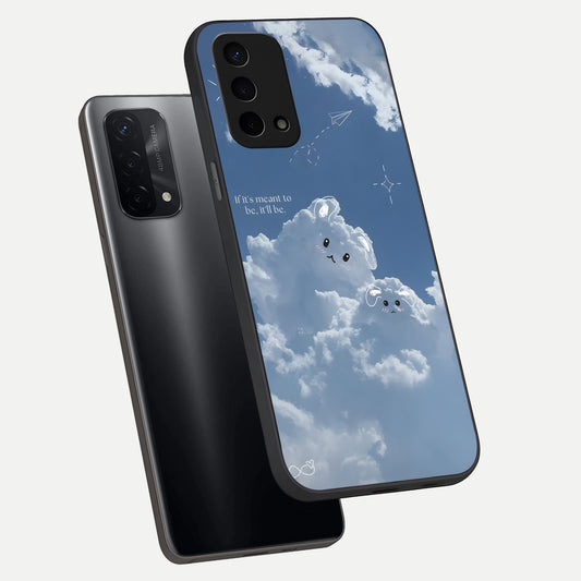 Cloud Bunny Dreams phone case For Oppo A74 5G showing premium glass back cover with detailed artwork