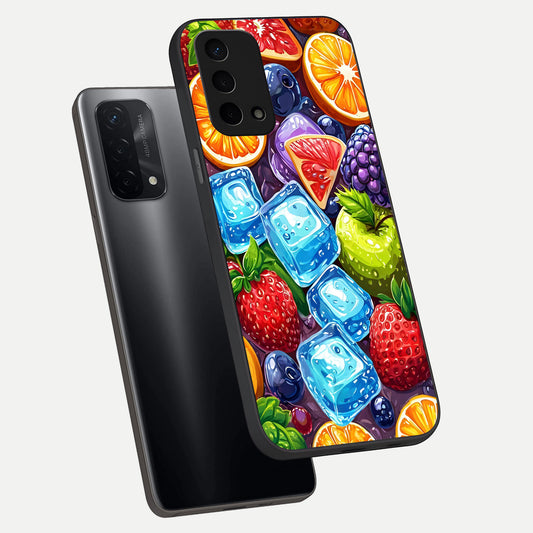 Colorful Fruits with Ice phone case For Oppo A74 5G showing premium glass back cover with detailed artwork