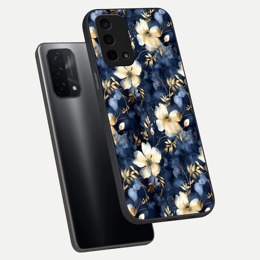 Golden Midnight Bloom phone case For Oppo A74 5G showing premium glass back cover with detailed artwork