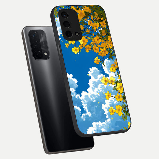 Golden Petal Sky phone case For Oppo A74 5G showing premium glass back cover with detailed artwork