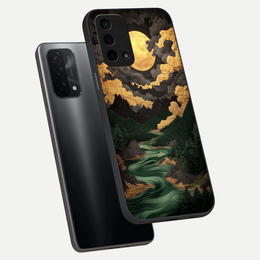 Golden River Moon phone case For Oppo A74 5G showing premium glass back cover with detailed artwork