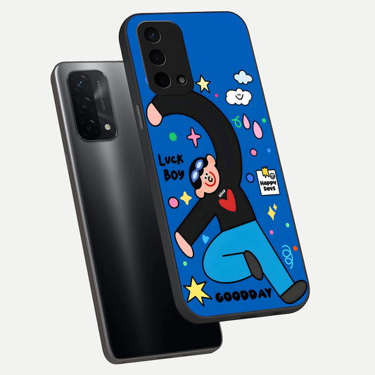 Happy Luck Vibe phone case For Oppo A74 5G showing premium glass back cover with detailed artwork