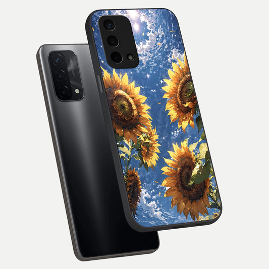 Heavenly Sunflower Rise phone case For Oppo A74 5G showing premium glass back cover with detailed artwork