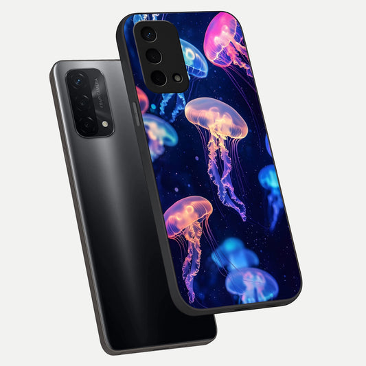 Jellyfish Pattern phone case For Oppo A74 5G showing premium glass back cover with detailed artwork