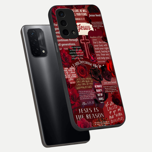 Jesus Love Heals phone case For Oppo A74 5G showing premium glass back cover with detailed artwork