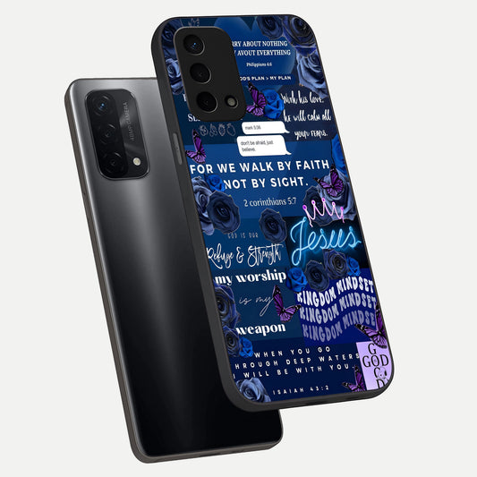 Kingdom Faith Glow phone case For Oppo A74 5G showing premium glass back cover with detailed artwork