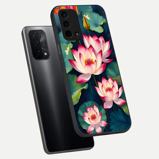Lotus Dream Serenity phone case For Oppo A74 5G showing premium glass back cover with detailed artwork