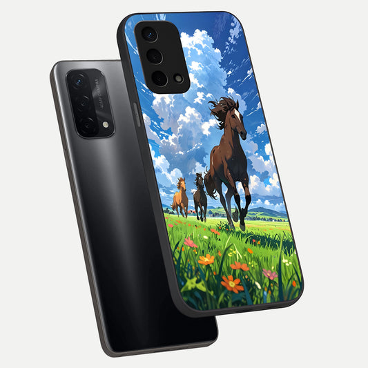 Majestic Horses Galloping phone case For Oppo A74 5G showing premium glass back cover with detailed artwork